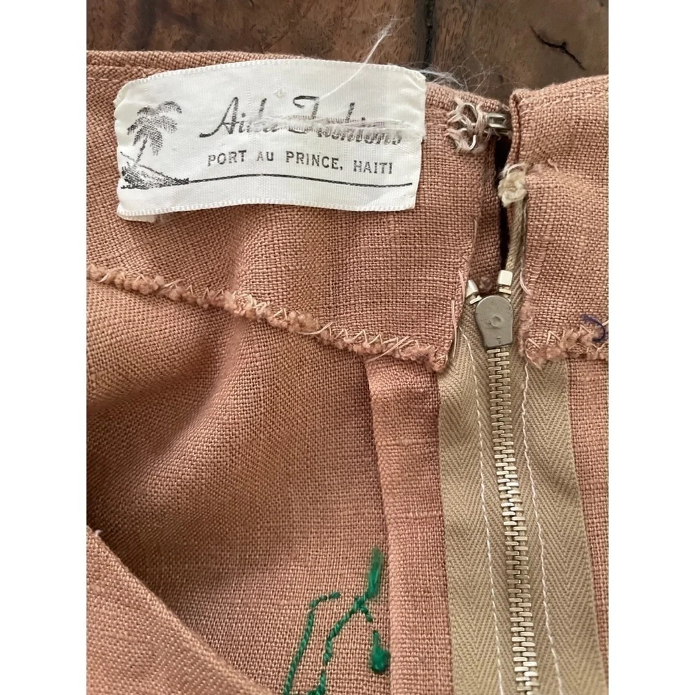 Vintage 60’s 70’s Hand Stitch Embroidery Floral Colorful Garden Sheath Tan Dress - Picture 3 of 15